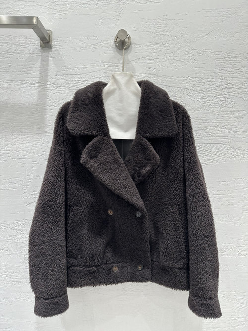 Brunello Cucinelli Exclusive First-Release Double-Breasted Fur-Lined Short Jacket with Lapel