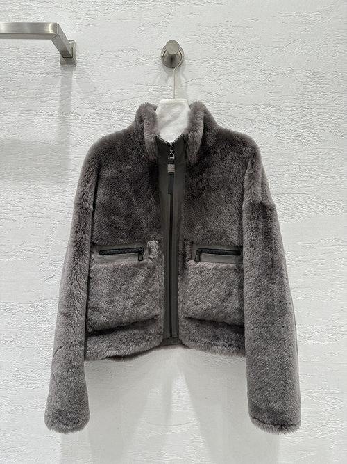Brunello Cucinelli Exclusive High-end Merino Fur Coat with Classic H Design and Copper Chain