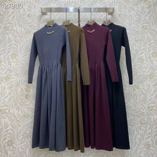 Valentino Chic Wool Blend Dress with High Collar and Chain Ornament