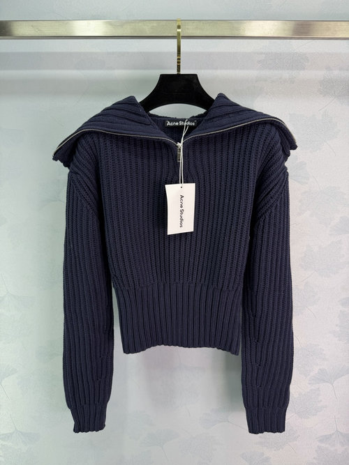 Acne Studios Navy Collar Zipper Knitted Sweater, Thick and Warm