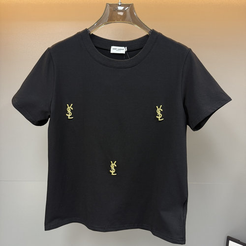 Yves Saint Laurent Short Sleeve T-shirt with Sewn Hardware Logo, Artistic and Comfortable