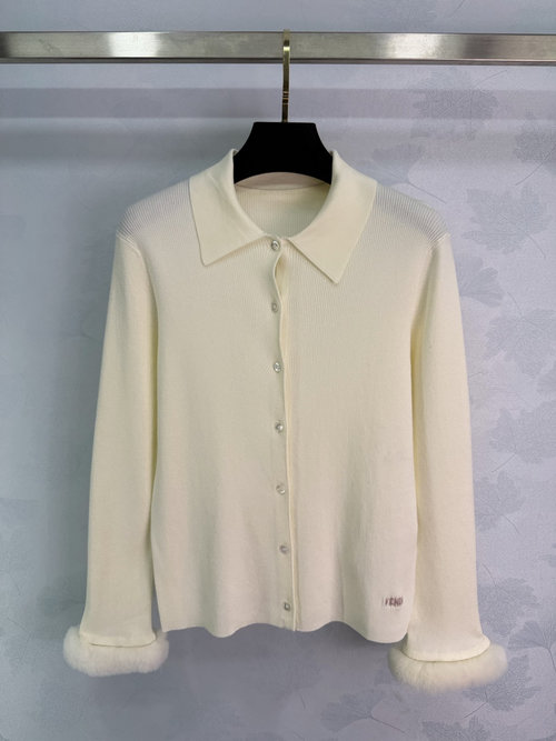 Fendi Polo Collar Knit Sweater with Mink Cuff, Fendi Logo