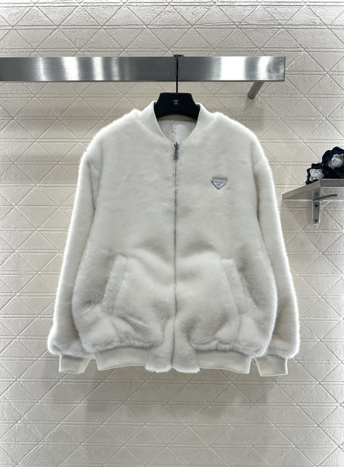 Prada Reversible Eco-Fur Down Jacket with Metal Logo