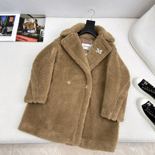 Max Mara Premium Leather and Camel Hair Blend Teddy Bear Mid - Length Jacket