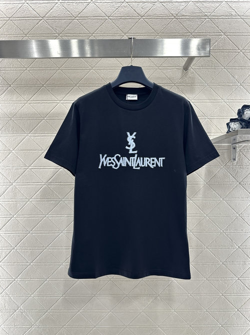Yves Saint Laurent Cotton Short Sleeve T-shirt with Embroidered Furry Logo, Distinctive