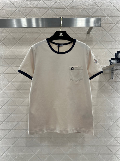 Moncler Cotton Short Sleeve T-shirt with Thread Collar and Embroidered Shield, Sophisticated