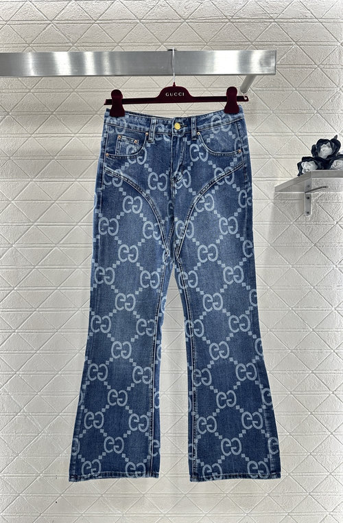 Gucci Printed Flare Jeans with Four-pointed Star Outline and Double G Logo