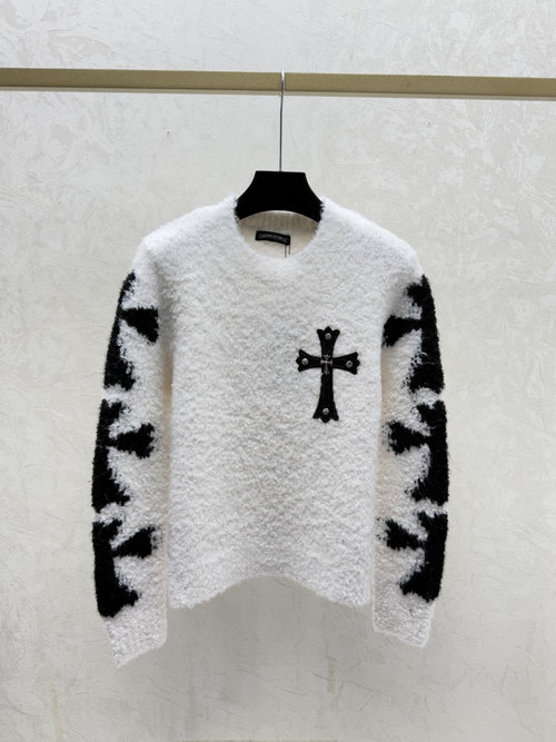 Chrome Hearts Contrast Jacquard Round-Collar Knit Long-Sleeve in White