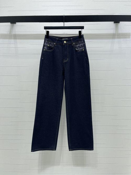 Fendi High-Waisted Straight Jeans with Pocket Contrast and Embroidery, Classic Style