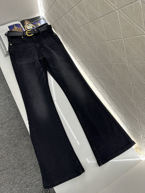 Celine Retro High-Waisted Flared Jeans with Belt and Distressed Elements