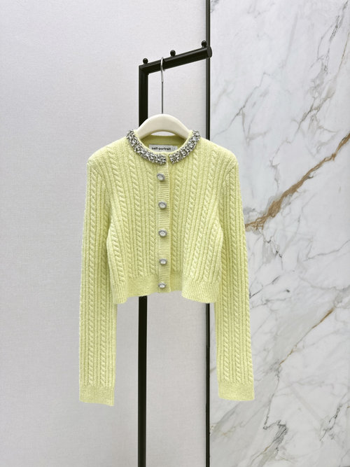 Self-Portrai Cream Yellow Diamond-Embellished Wool Blend Knit Coat, Elegant and Lustrous