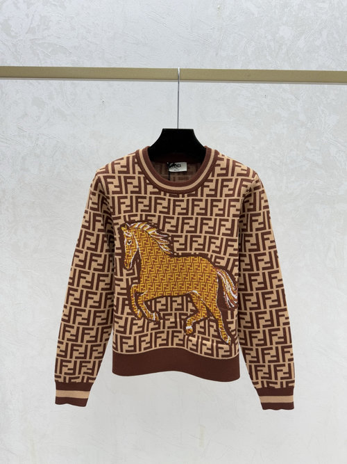 Fendi Brown Contrasting Color Monogram Letter Pony Round-Neck Knitted Long-Sleeve
