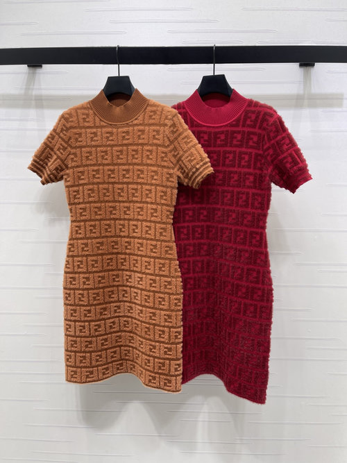 Fendi Elegant Jacquard Knit Short - Sleeve Dress with Marabou