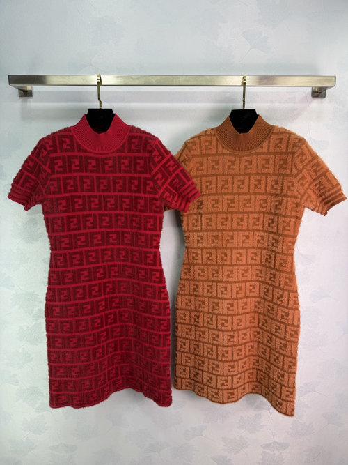 Fendi FF Jacquard Knit Short-Sleeved High-Neck Dress, Slim Fit