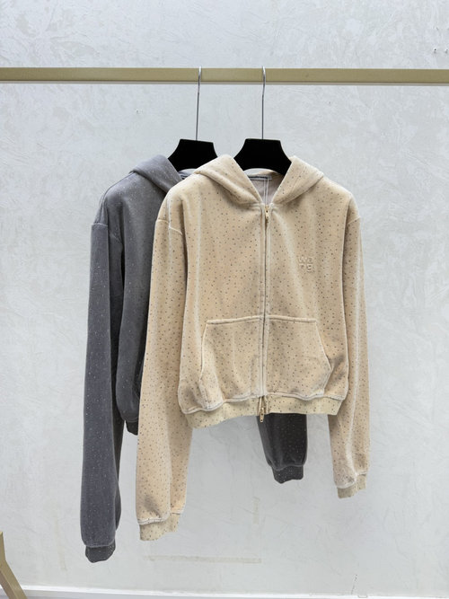 Alexander Wang Solid Color Rhinestone Hooded Knit Long-Sleeve Cardigan in Khaki and Grey