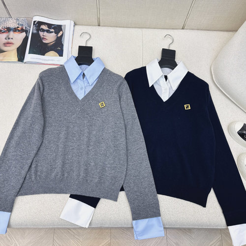 Fendi Classic-colored Spliced Fake Two-piece Knitted Sweater