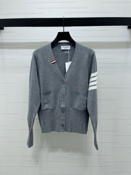 Thom Browne V-neck Long Sleeve Cardigan with Stripes