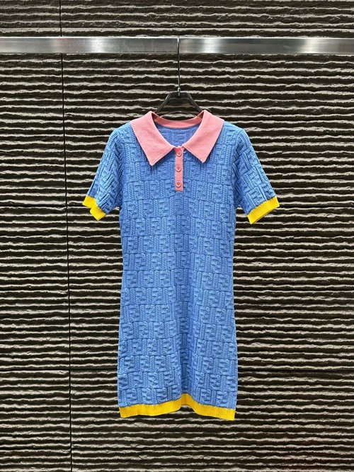 Fendi New Arrival: Elegant Collared Patterned Short-Sleeve Dress