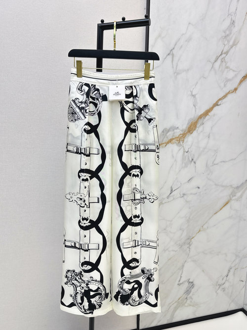 Hermes Silk Wide-Leg Straight Pants with Chain Link Pattern