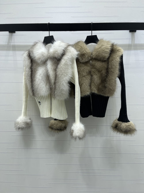 Dior Silver Fox Fur Zipper Knit Coat with Embroidered Logo