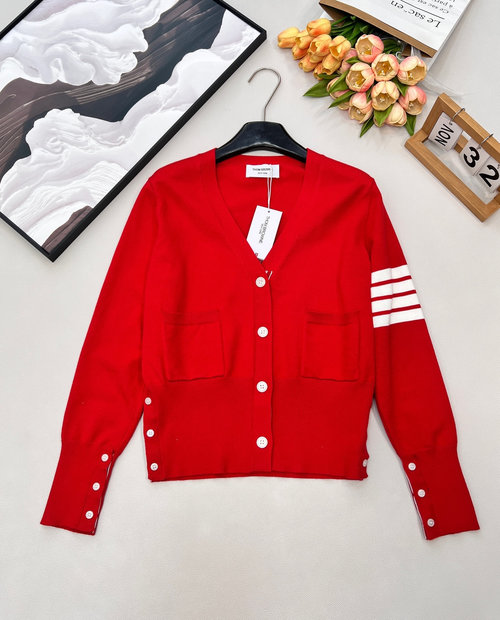 Thom Browne Red Wool Knit Cardigan with Horse Embroidery for Festivities