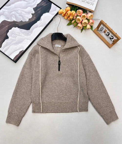 Brunello Cucinelli Light Brown Loose-Fit Cashmere Half-Zip Knitwear