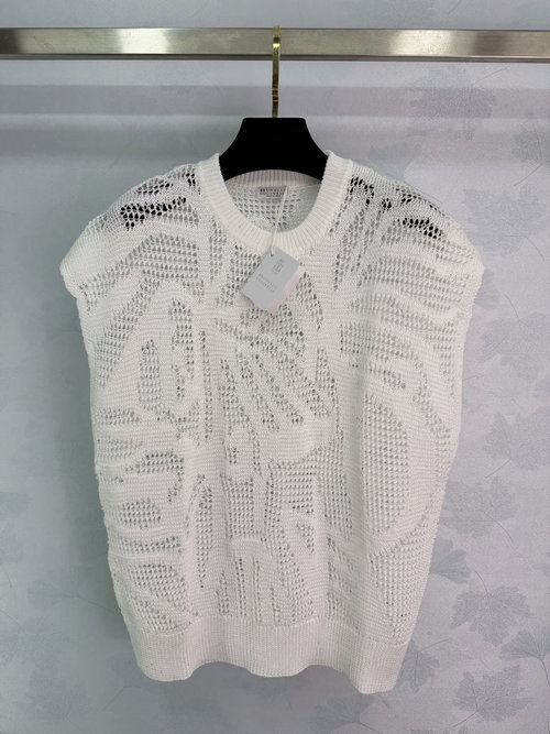 Brunello Cucinelli Soft White Sequined Knit Vest with Hollow-out Pattern