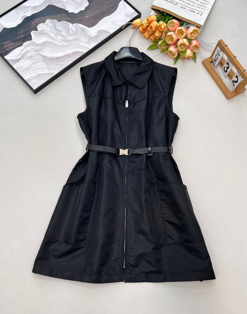 Prada Matte Black Zippered Belted A-Line Sling Dress