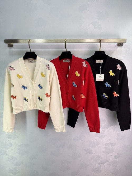 Hermes Merino Wool Horse Pattern Knit Cardigan, Colorful