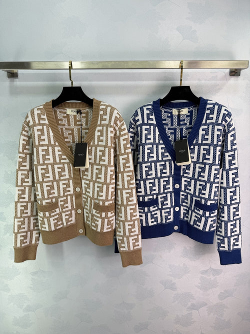 Fendi V-Neck Knit Cardigan with Letter Jacquard, High-End Appeal