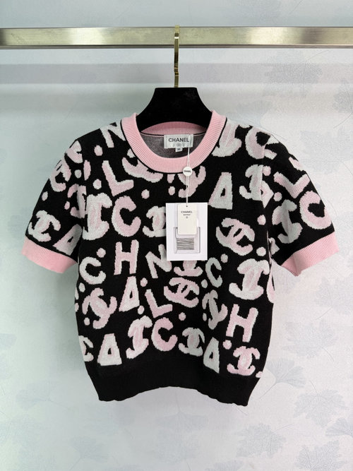 Chanel Stylish Black Knit Top with Pink and White Letter Jacquard