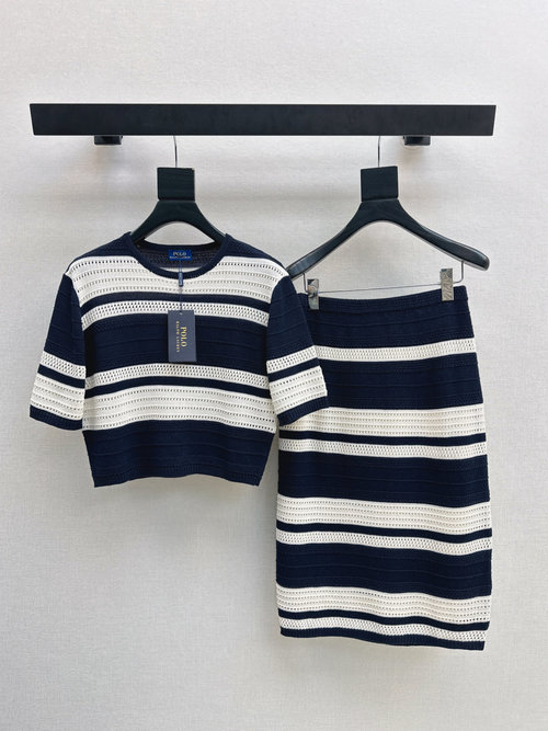 Polo Ralph Lauren Navy Blue Striped Skirt Set in High-End Tencel Cotton