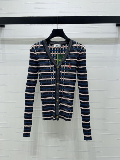 Vivienne Westhood Color-Block Striped V-Neck Knitted Cardigan with Saturn Logo