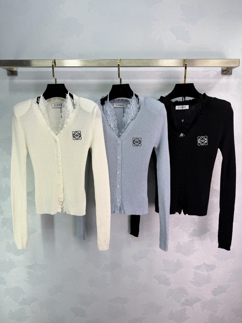 Loewe Knit Cardigan with Lace Lining and Brand Embroidery