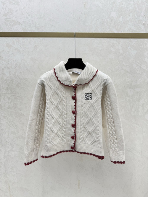 Loewe Color-Blocked Lapel White Knit Long Sleeve Cardigan