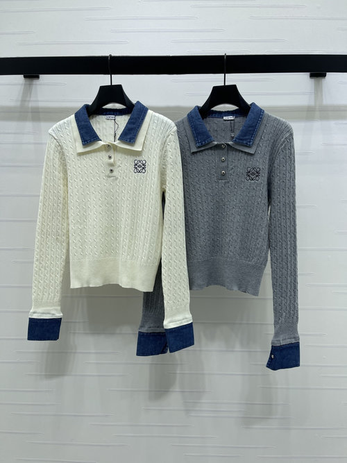 Loewe Denim Spliced Collared Knit Long Sleeve
