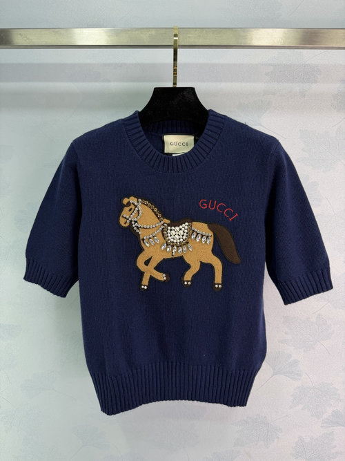 Gucci Deep Blue Knit Horse-Motif Short Sleeve with Beads