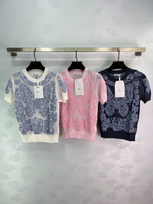 Dior Spring Round-neck Short-sleeved Knit with Butterfly Pattern