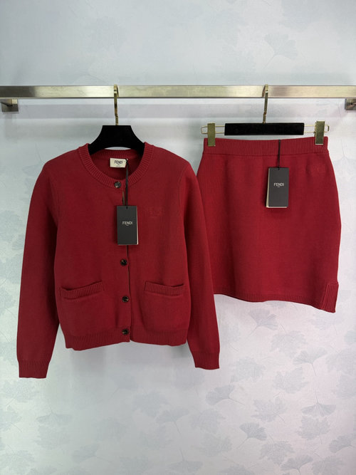Fendi Red Knit Set with Round Neck Cardigan and Skirt