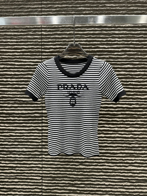 Prada Jacquard Letter Stripe Knit Short Sleeve Top