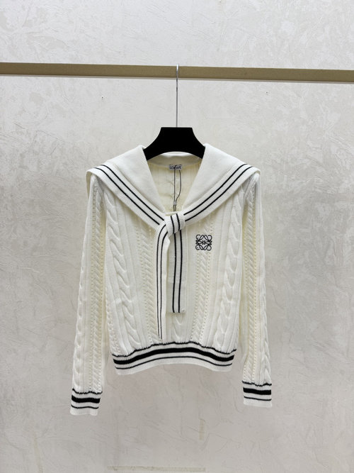 Loewe White Contrast Navy Collar Simple Knit Long Sleeve