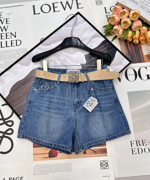 Loewe Pocket Embroidery & Rhinestone Logo Denim Shorts, Chic & Slimming