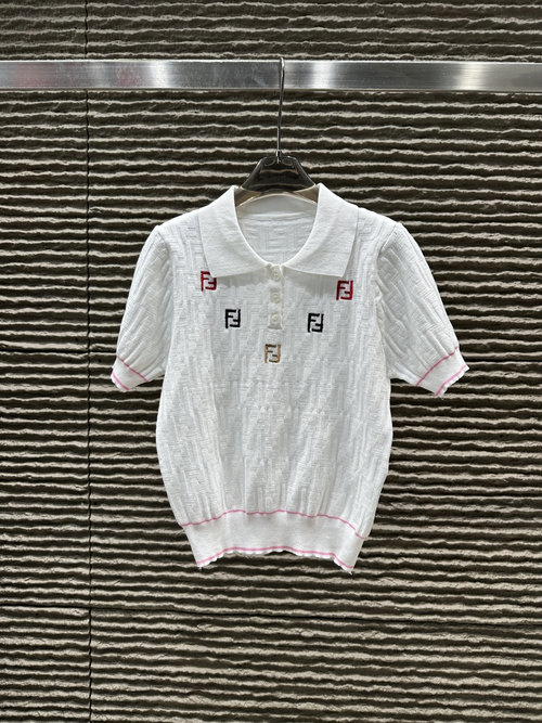 Fendi New Jacquard Letter Collar Knitted Short Sleeve Top