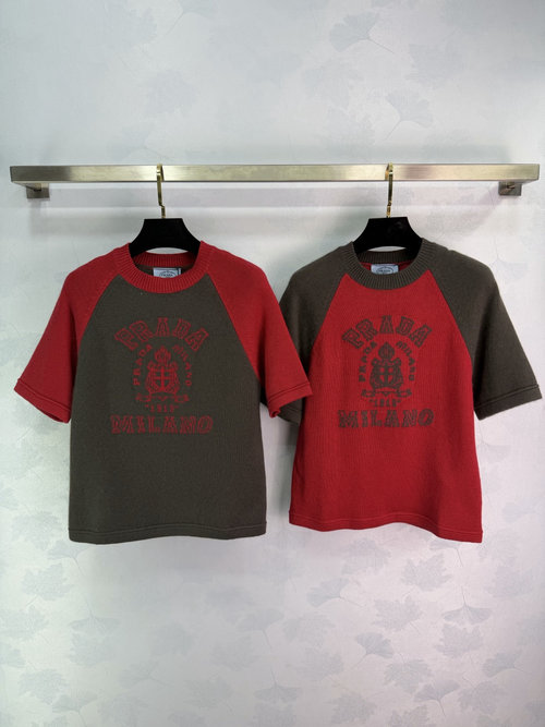 Prada Color-Blocked Round Neck Knitted Short Sleeve with Embroidered Shield