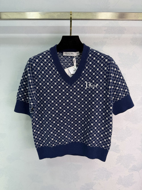 Dior Color-Block Diamond V-Neck Short Sleeve Knit with Brand Emblem