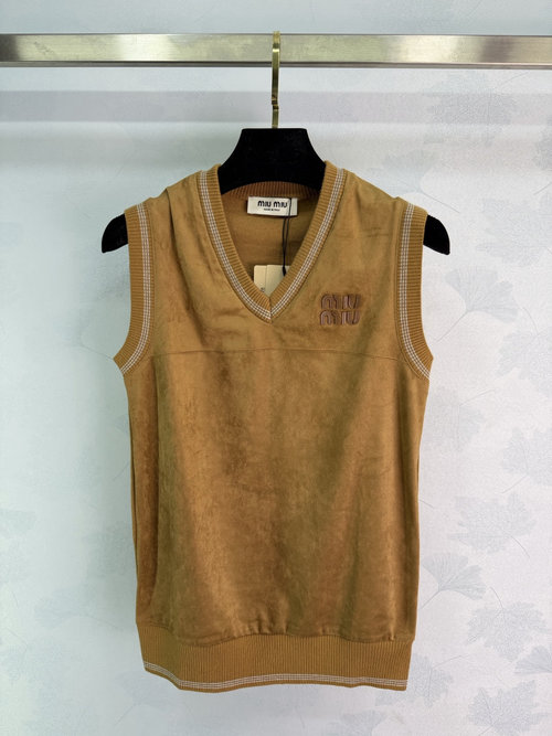 Miu Miu Soft Suede V-Neck Knit Vest with Brand Embroidery