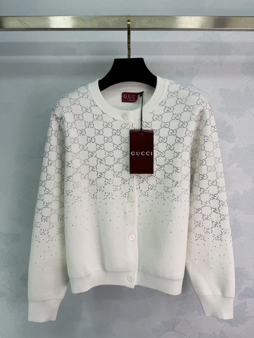 Gucci Classic White GG Jacquard Knit Cardigan with Sparkles