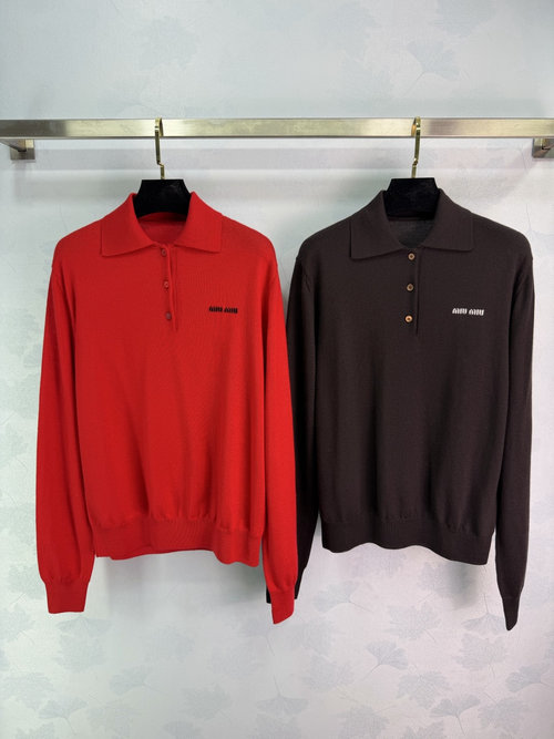 Miu Miu Full Wool Knit Polo Shirt with Classic Collar