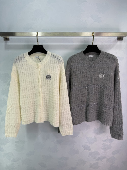 Loewe Sparkling Lace Knitted Long Sleeve Cardigan, Grid Texture