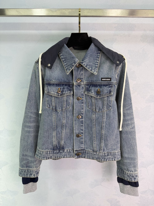 Miu Miu Retro Sweet Miu-Style Denim Jacket with Detachable Hood